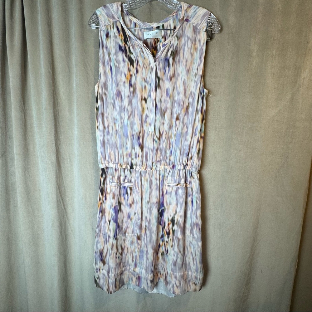 A.L.C. Sleeveless‎ Watercolor Mini Dress in Lavender Multi Vintage 100% Silk M